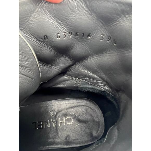 Chanel 2022 CC Chain Quilted Cap Toe Logo Combat Boots in Gray & Black - Picture 13 of 15
